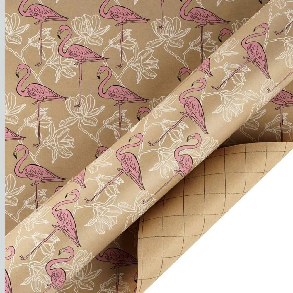 Ruspepa Flamingo and White Flower Print Wrapping Paper